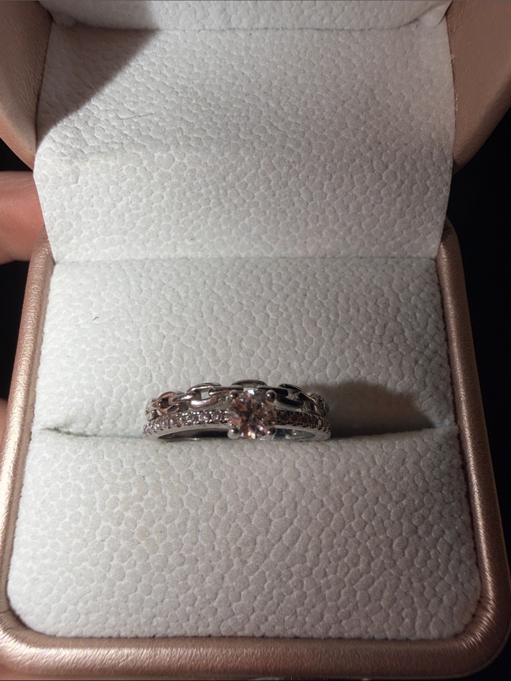 Delicate Silver Solitaire Ring with Chain and Pavé Accents - Silver White - Picture 3 of 5